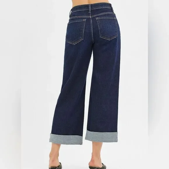 RISEN USA Mid Rise Fit Ankle Wide Leg Roll Up Women'sDark Blue Jeans sz 11 [30